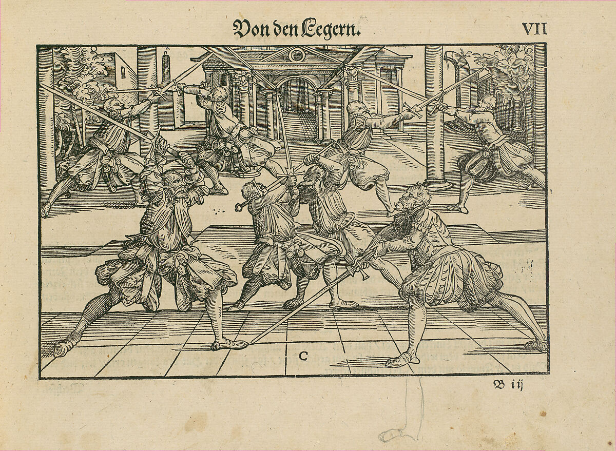 Gründtliche Beschreibung der freyen ritterlichen unnd adelichen Kunst des Fechtens in allerley gebreuchlichen Wehren mit vil schönen und nützlichen Figuren gezieret und fürgestellet (A Thorough Description of the Free Knightly and Noble Art of Fencing, in All the Typical Guards, Adorned and Arranged with Many Beautiful and Useful Figures), Joachim Meyer (German, active 16th–17th century), Ink, paper, German, Strasbourg