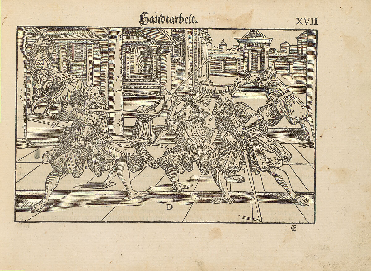Gründtliche Beschreibung der freyen ritterlichen unnd adelichen Kunst des Fechtens in allerley gebreuchlichen Wehren mit vil schönen und nützlichen Figuren gezieret und fürgestellet (A Thorough Description of the Free Knightly and Noble Art of Fencing, in All the Typical Guards, Adorned and Arranged with Many Beautiful and Useful Figures), Joachim Meyer (German, active 16th–17th century), Ink, paper, German, Strasbourg