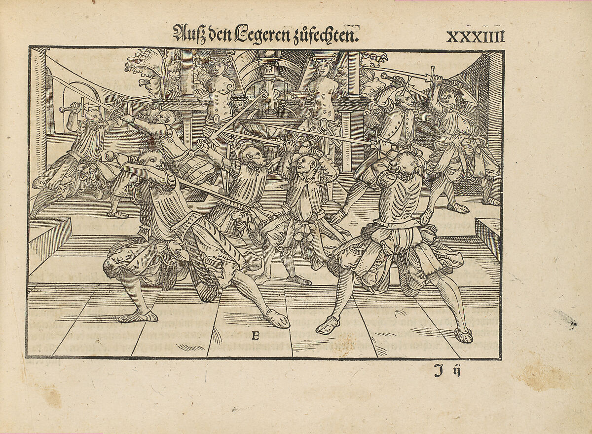Gründtliche Beschreibung der freyen ritterlichen unnd adelichen Kunst des Fechtens in allerley gebreuchlichen Wehren mit vil schönen und nützlichen Figuren gezieret und fürgestellet (A Thorough Description of the Free Knightly and Noble Art of Fencing, in All the Typical Guards, Adorned and Arranged with Many Beautiful and Useful Figures), Joachim Meyer (German, active 16th–17th century), Ink, paper, German, Strasbourg