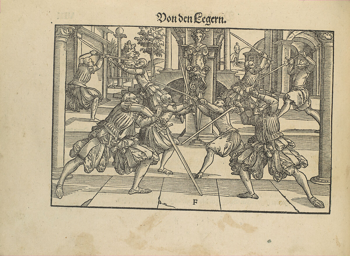 Gründtliche Beschreibung der freyen ritterlichen unnd adelichen Kunst des Fechtens in allerley gebreuchlichen Wehren mit vil schönen und nützlichen Figuren gezieret und fürgestellet (A Thorough Description of the Free Knightly and Noble Art of Fencing, in All the Typical Guards, Adorned and Arranged with Many Beautiful and Useful Figures), Joachim Meyer (German, active 16th–17th century), Ink, paper, German, Strasbourg