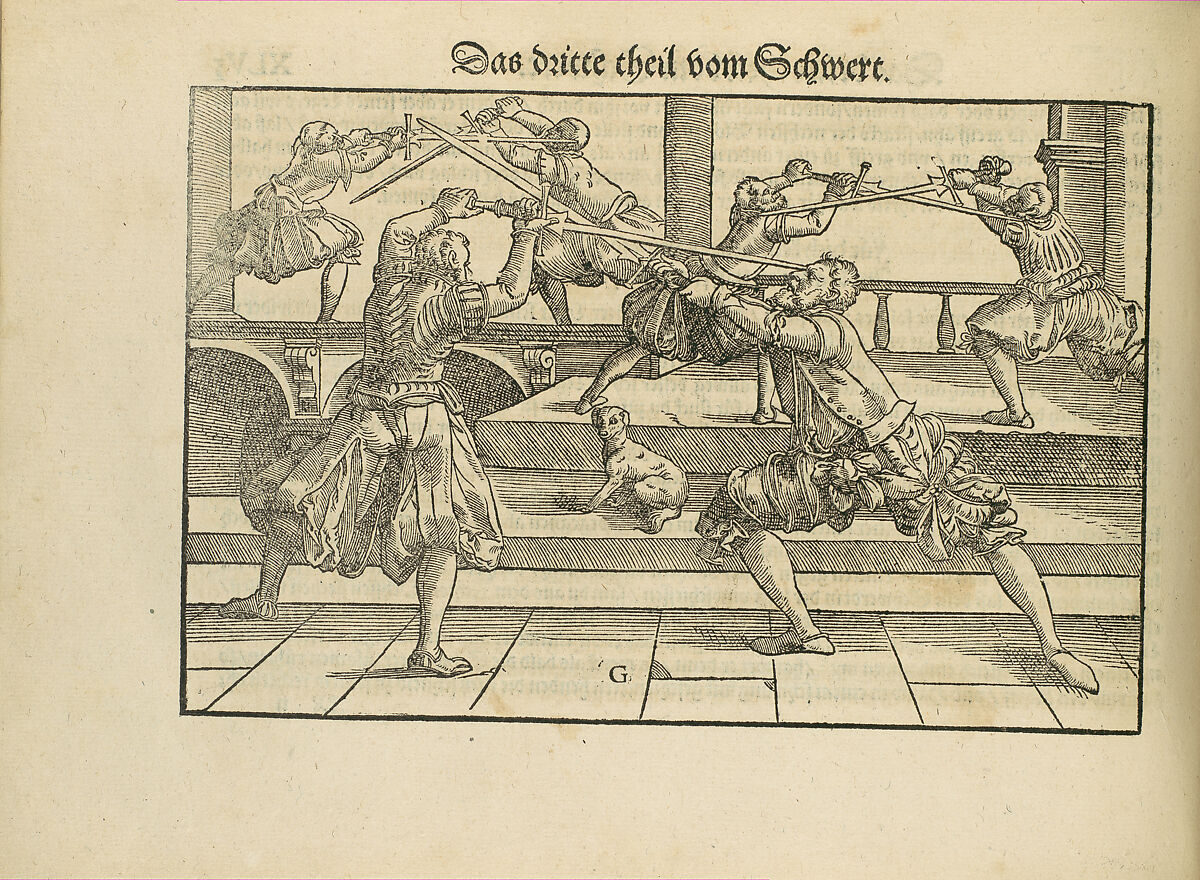 Gründtliche Beschreibung der freyen ritterlichen unnd adelichen Kunst des Fechtens in allerley gebreuchlichen Wehren mit vil schönen und nützlichen Figuren gezieret und fürgestellet (A Thorough Description of the Free Knightly and Noble Art of Fencing, in All the Typical Guards, Adorned and Arranged with Many Beautiful and Useful Figures), Joachim Meyer (German, active 16th–17th century), Ink, paper, German, Strasbourg