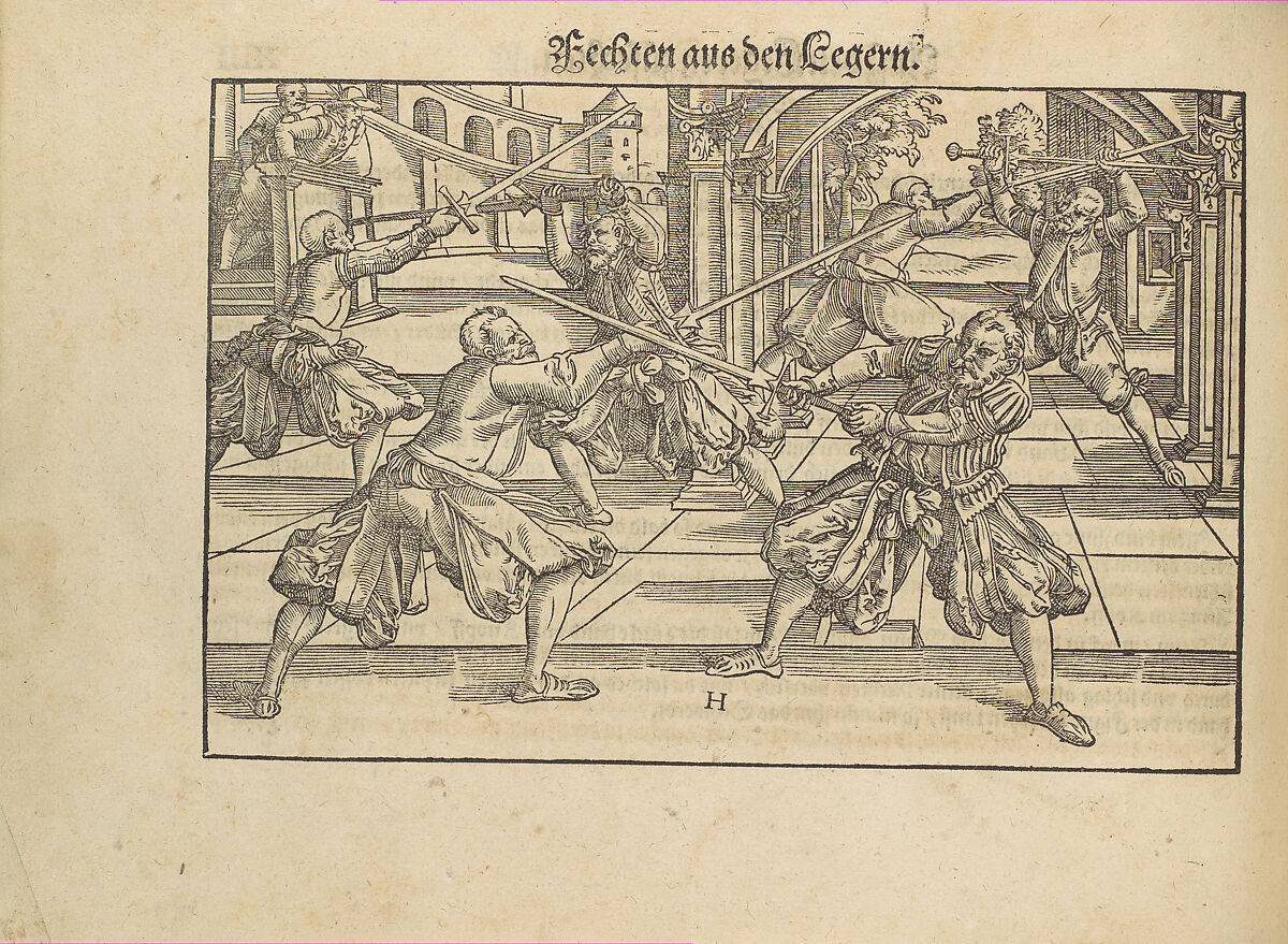 Gründtliche Beschreibung der freyen ritterlichen unnd adelichen Kunst des Fechtens in allerley gebreuchlichen Wehren mit vil schönen und nützlichen Figuren gezieret und fürgestellet (A Thorough Description of the Free Knightly and Noble Art of Fencing, in All the Typical Guards, Adorned and Arranged with Many Beautiful and Useful Figures), Joachim Meyer (German, active 16th–17th century), Ink, paper, German, Strasbourg