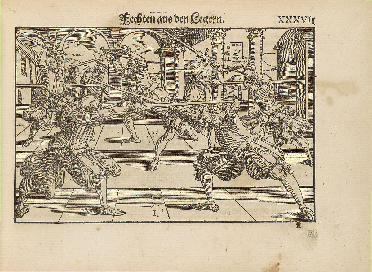 Gründtliche Beschreibung der freyen ritterlichen unnd adelichen Kunst des Fechtens in allerley gebreuchlichen Wehren mit vil schönen und nützlichen Figuren gezieret und fürgestellet (A Thorough Description of the Free Knightly and Noble Art of Fencing, in All the Typical Guards, Adorned and Arranged with Many Beautiful and Useful Figures), Joachim Meyer (German, active 16th–17th century), Ink, paper, German, Strasbourg