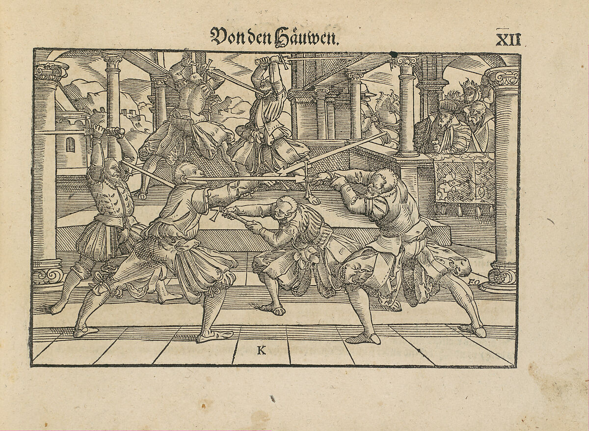 Gründtliche Beschreibung der freyen ritterlichen unnd adelichen Kunst des Fechtens in allerley gebreuchlichen Wehren mit vil schönen und nützlichen Figuren gezieret und fürgestellet (A Thorough Description of the Free Knightly and Noble Art of Fencing, in All the Typical Guards, Adorned and Arranged with Many Beautiful and Useful Figures), Joachim Meyer (German, active 16th–17th century), Ink, paper, German, Strasbourg