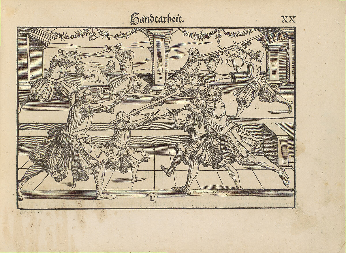 Gründtliche Beschreibung der freyen ritterlichen unnd adelichen Kunst des Fechtens in allerley gebreuchlichen Wehren mit vil schönen und nützlichen Figuren gezieret und fürgestellet (A Thorough Description of the Free Knightly and Noble Art of Fencing, in All the Typical Guards, Adorned and Arranged with Many Beautiful and Useful Figures), Joachim Meyer (German, active 16th–17th century), Ink, paper, German, Strasbourg