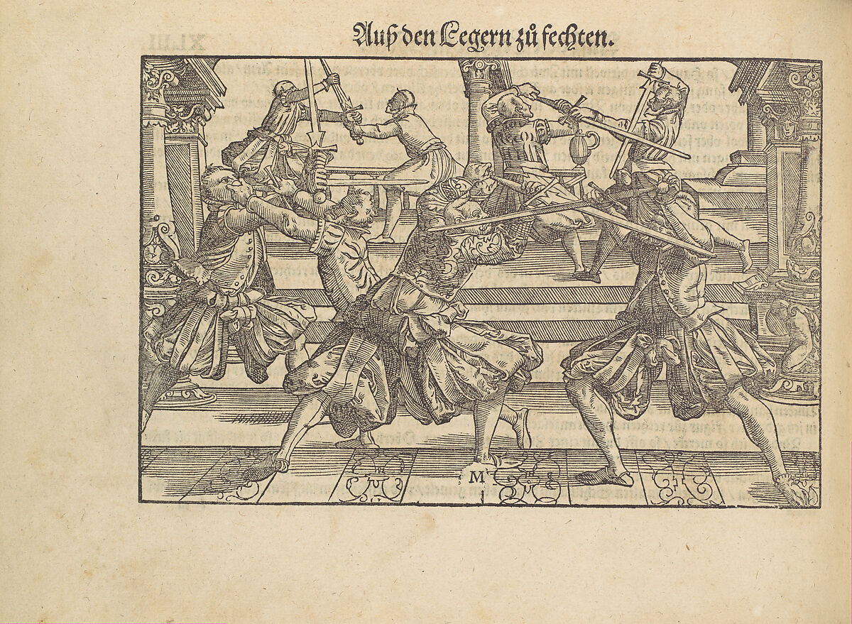 Gründtliche Beschreibung der freyen ritterlichen unnd adelichen Kunst des Fechtens in allerley gebreuchlichen Wehren mit vil schönen und nützlichen Figuren gezieret und fürgestellet (A Thorough Description of the Free Knightly and Noble Art of Fencing, in All the Typical Guards, Adorned and Arranged with Many Beautiful and Useful Figures), Joachim Meyer (German, active 16th–17th century), Ink, paper, German, Strasbourg