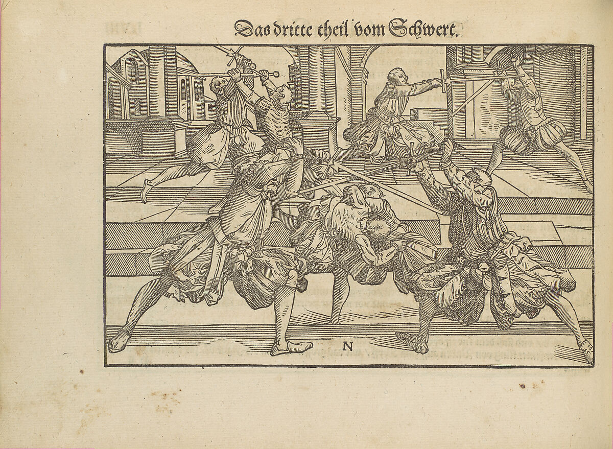 Gründtliche Beschreibung der freyen ritterlichen unnd adelichen Kunst des Fechtens in allerley gebreuchlichen Wehren mit vil schönen und nützlichen Figuren gezieret und fürgestellet (A Thorough Description of the Free Knightly and Noble Art of Fencing, in All the Typical Guards, Adorned and Arranged with Many Beautiful and Useful Figures), Joachim Meyer (German, active 16th–17th century), Ink, paper, German, Strasbourg