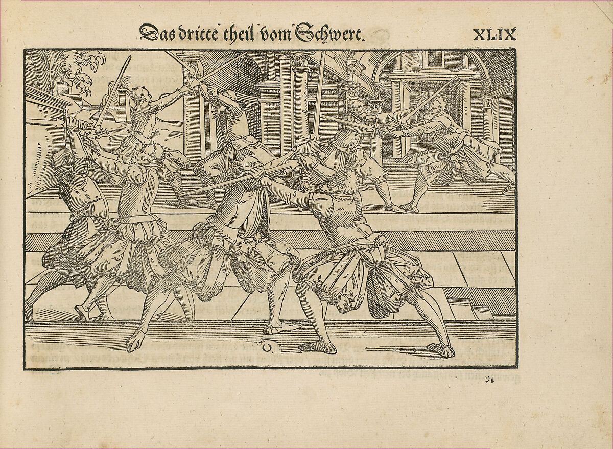 Gründtliche Beschreibung der freyen ritterlichen unnd adelichen Kunst des Fechtens in allerley gebreuchlichen Wehren mit vil schönen und nützlichen Figuren gezieret und fürgestellet (A Thorough Description of the Free Knightly and Noble Art of Fencing, in All the Typical Guards, Adorned and Arranged with Many Beautiful and Useful Figures), Joachim Meyer (German, active 16th–17th century), Ink, paper, German, Strasbourg