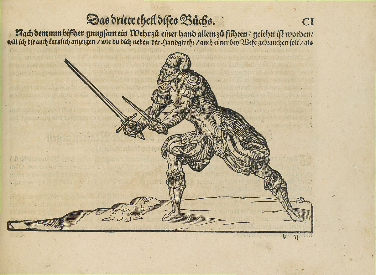 Gründtliche Beschreibung der freyen ritterlichen unnd adelichen Kunst des Fechtens in allerley gebreuchlichen Wehren mit vil schönen und nützlichen Figuren gezieret und fürgestellet (A Thorough Description of the Free Knightly and Noble Art of Fencing, in All the Typical Guards, Adorned and Arranged with Many Beautiful and Useful Figures), Joachim Meyer (German, active 16th–17th century), Ink, paper, German, Strasbourg