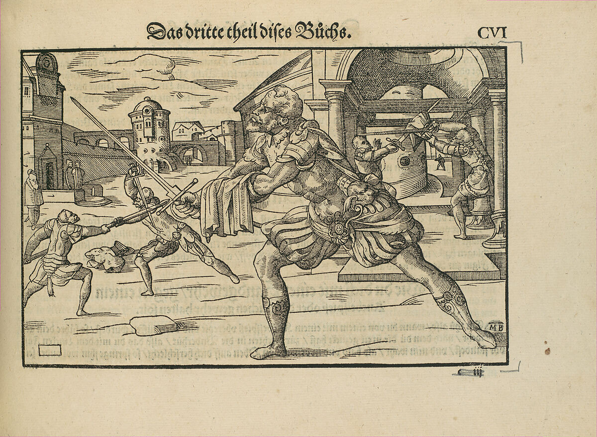 Gründtliche Beschreibung der freyen ritterlichen unnd adelichen Kunst des Fechtens in allerley gebreuchlichen Wehren mit vil schönen und nützlichen Figuren gezieret und fürgestellet (A Thorough Description of the Free Knightly and Noble Art of Fencing, in All the Typical Guards, Adorned and Arranged with Many Beautiful and Useful Figures), Joachim Meyer (German, active 16th–17th century), Ink, paper, German, Strasbourg