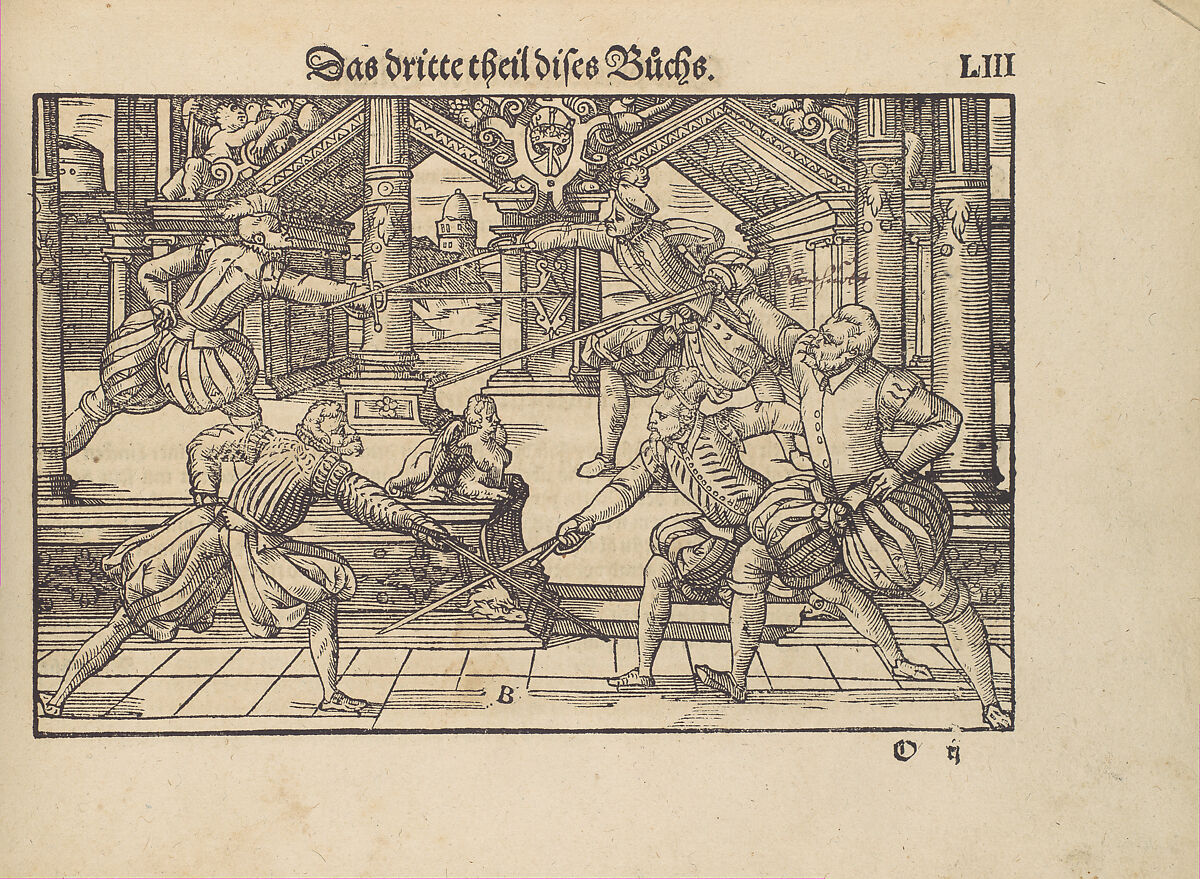 Gründtliche Beschreibung der freyen ritterlichen unnd adelichen Kunst des Fechtens in allerley gebreuchlichen Wehren mit vil schönen und nützlichen Figuren gezieret und fürgestellet (A Thorough Description of the Free Knightly and Noble Art of Fencing, in All the Typical Guards, Adorned and Arranged with Many Beautiful and Useful Figures), Joachim Meyer (German, active 16th–17th century), Ink, paper, German, Strasbourg