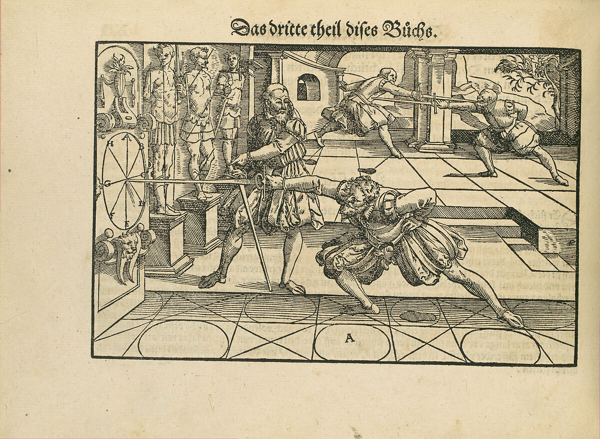 Gründtliche Beschreibung der freyen ritterlichen unnd adelichen Kunst des Fechtens in allerley gebreuchlichen Wehren mit vil schönen und nützlichen Figuren gezieret und fürgestellet (A Thorough Description of the Free Knightly and Noble Art of Fencing, in All the Typical Guards, Adorned and Arranged with Many Beautiful and Useful Figures), Joachim Meyer (German, active 16th–17th century), Ink, paper, German, Strasbourg
