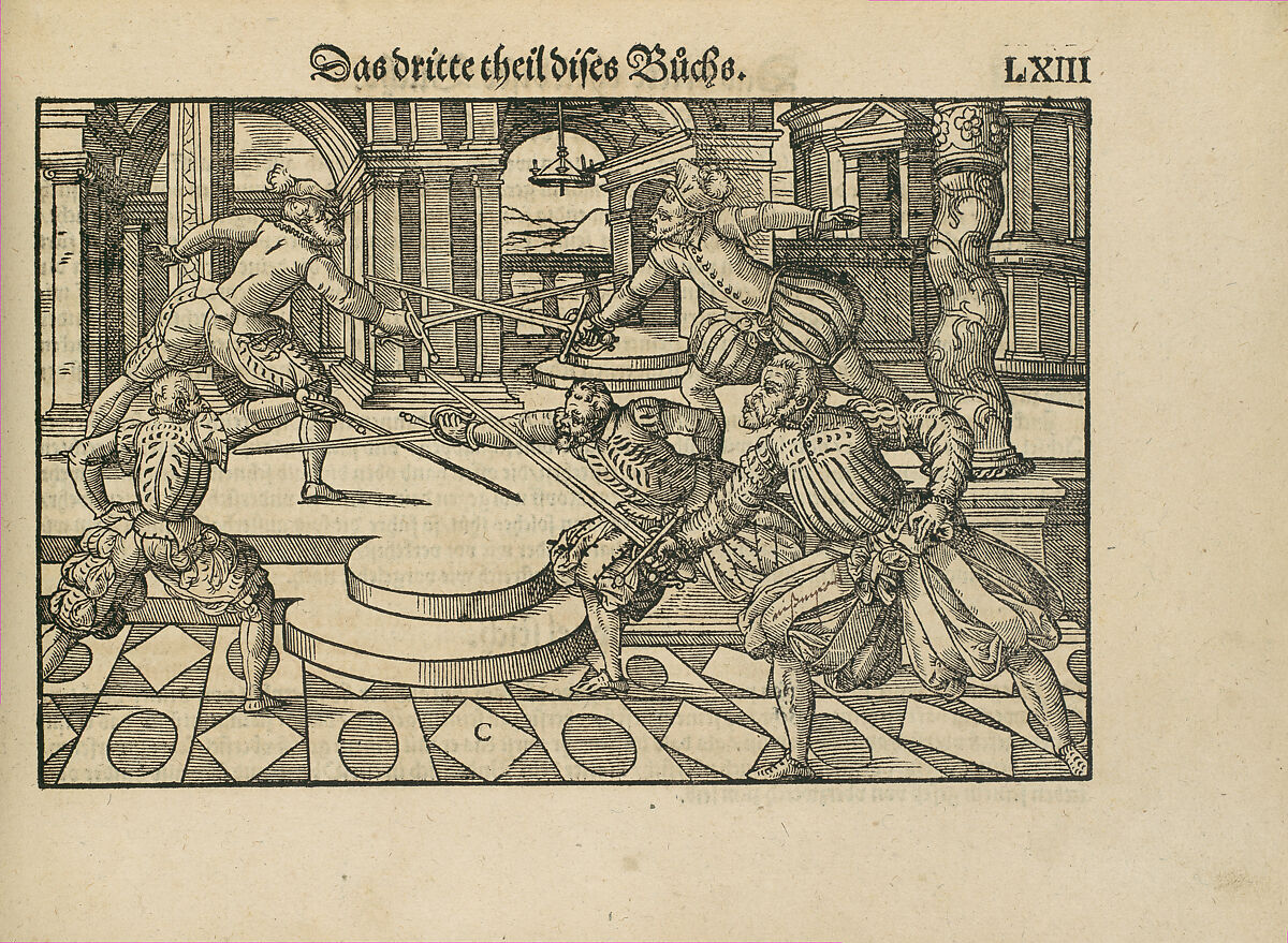 Gründtliche Beschreibung der freyen ritterlichen unnd adelichen Kunst des Fechtens in allerley gebreuchlichen Wehren mit vil schönen und nützlichen Figuren gezieret und fürgestellet (A Thorough Description of the Free Knightly and Noble Art of Fencing, in All the Typical Guards, Adorned and Arranged with Many Beautiful and Useful Figures), Joachim Meyer (German, active 16th–17th century), Ink, paper, German, Strasbourg