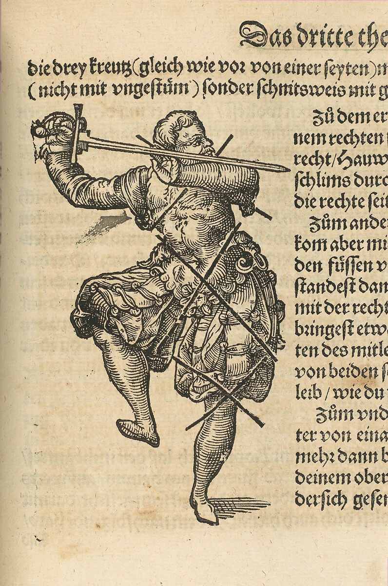 Gründtliche Beschreibung der freyen ritterlichen unnd adelichen Kunst des Fechtens in allerley gebreuchlichen Wehren mit vil schönen und nützlichen Figuren gezieret und fürgestellet (A Thorough Description of the Free Knightly and Noble Art of Fencing, in All the Typical Guards, Adorned and Arranged with Many Beautiful and Useful Figures), Joachim Meyer (German, active 16th–17th century), Ink, paper, German, Strasbourg