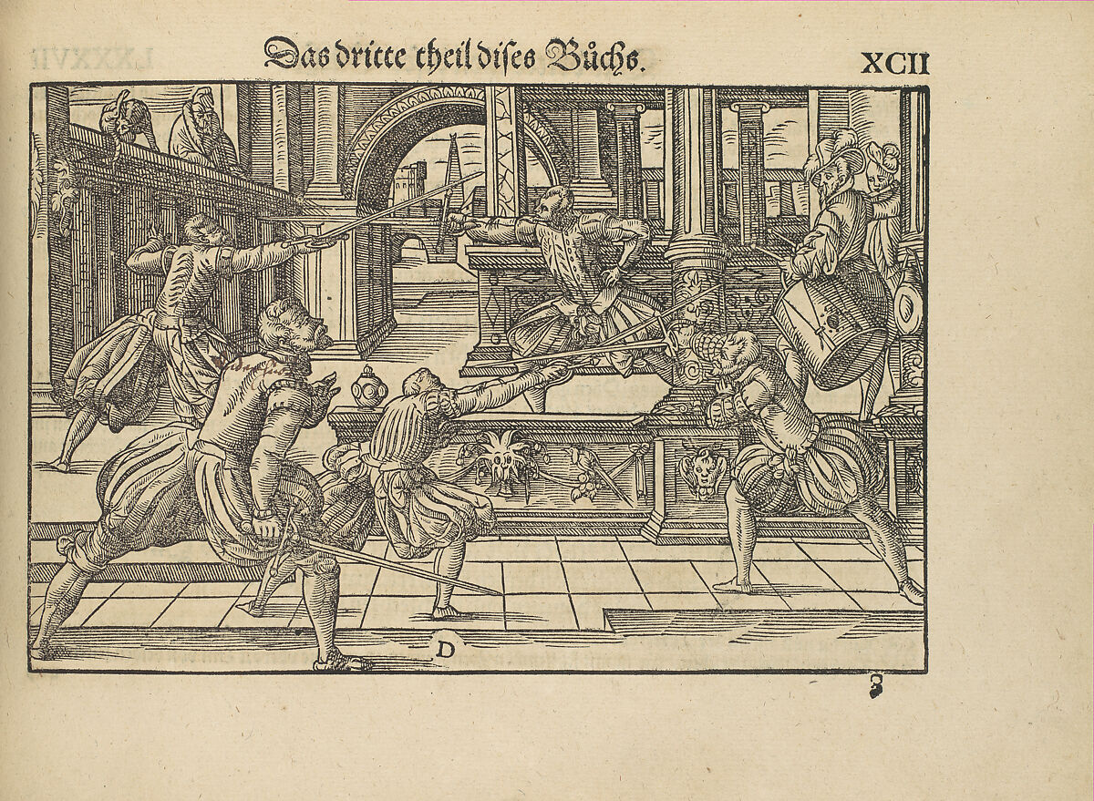 Gründtliche Beschreibung der freyen ritterlichen unnd adelichen Kunst des Fechtens in allerley gebreuchlichen Wehren mit vil schönen und nützlichen Figuren gezieret und fürgestellet (A Thorough Description of the Free Knightly and Noble Art of Fencing, in All the Typical Guards, Adorned and Arranged with Many Beautiful and Useful Figures), Joachim Meyer (German, active 16th–17th century), Ink, paper, German, Strasbourg