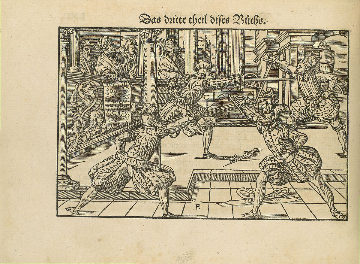 Gründtliche Beschreibung der freyen ritterlichen unnd adelichen Kunst des Fechtens in allerley gebreuchlichen Wehren mit vil schönen und nützlichen Figuren gezieret und fürgestellet (A Thorough Description of the Free Knightly and Noble Art of Fencing, in All the Typical Guards, Adorned and Arranged with Many Beautiful and Useful Figures), Joachim Meyer (German, active 16th–17th century), Ink, paper, German, Strasbourg