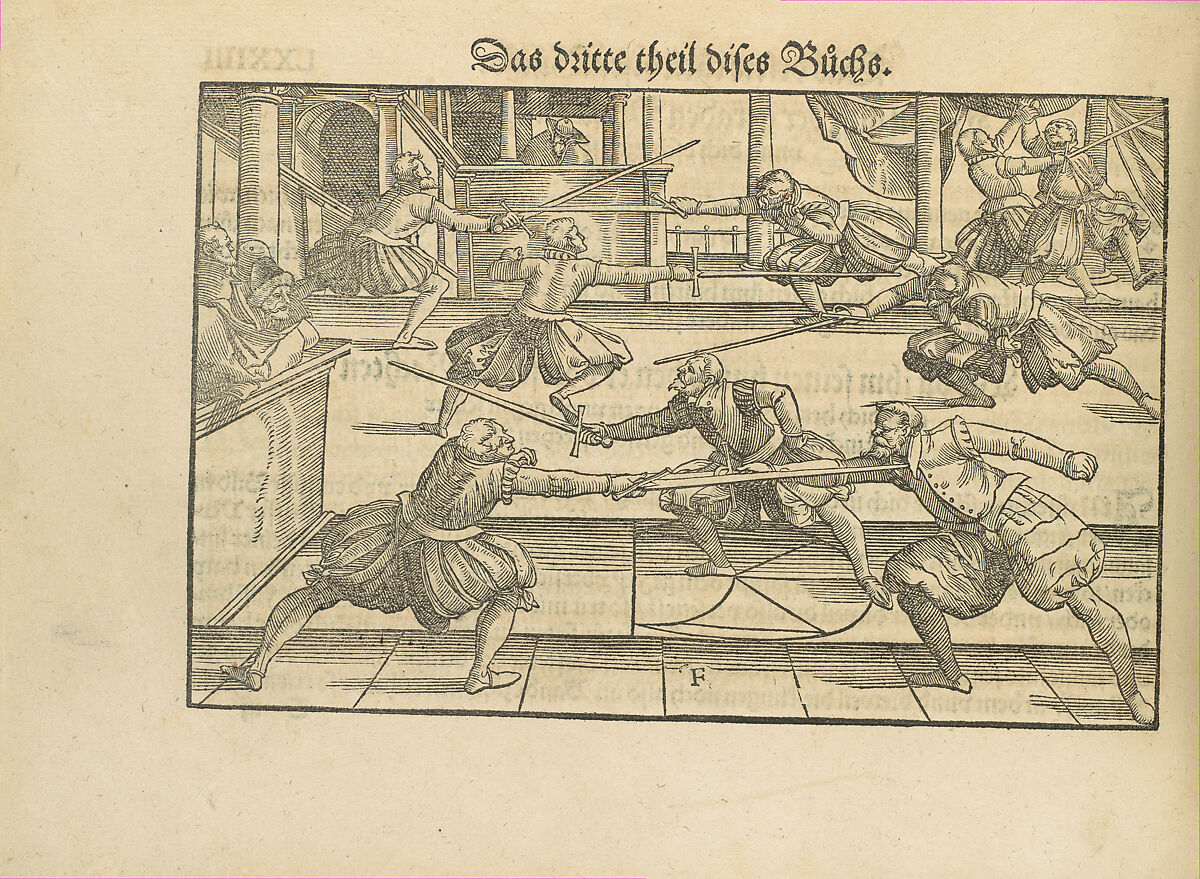 Gründtliche Beschreibung der freyen ritterlichen unnd adelichen Kunst des Fechtens in allerley gebreuchlichen Wehren mit vil schönen und nützlichen Figuren gezieret und fürgestellet (A Thorough Description of the Free Knightly and Noble Art of Fencing, in All the Typical Guards, Adorned and Arranged with Many Beautiful and Useful Figures), Joachim Meyer (German, active 16th–17th century), Ink, paper, German, Strasbourg