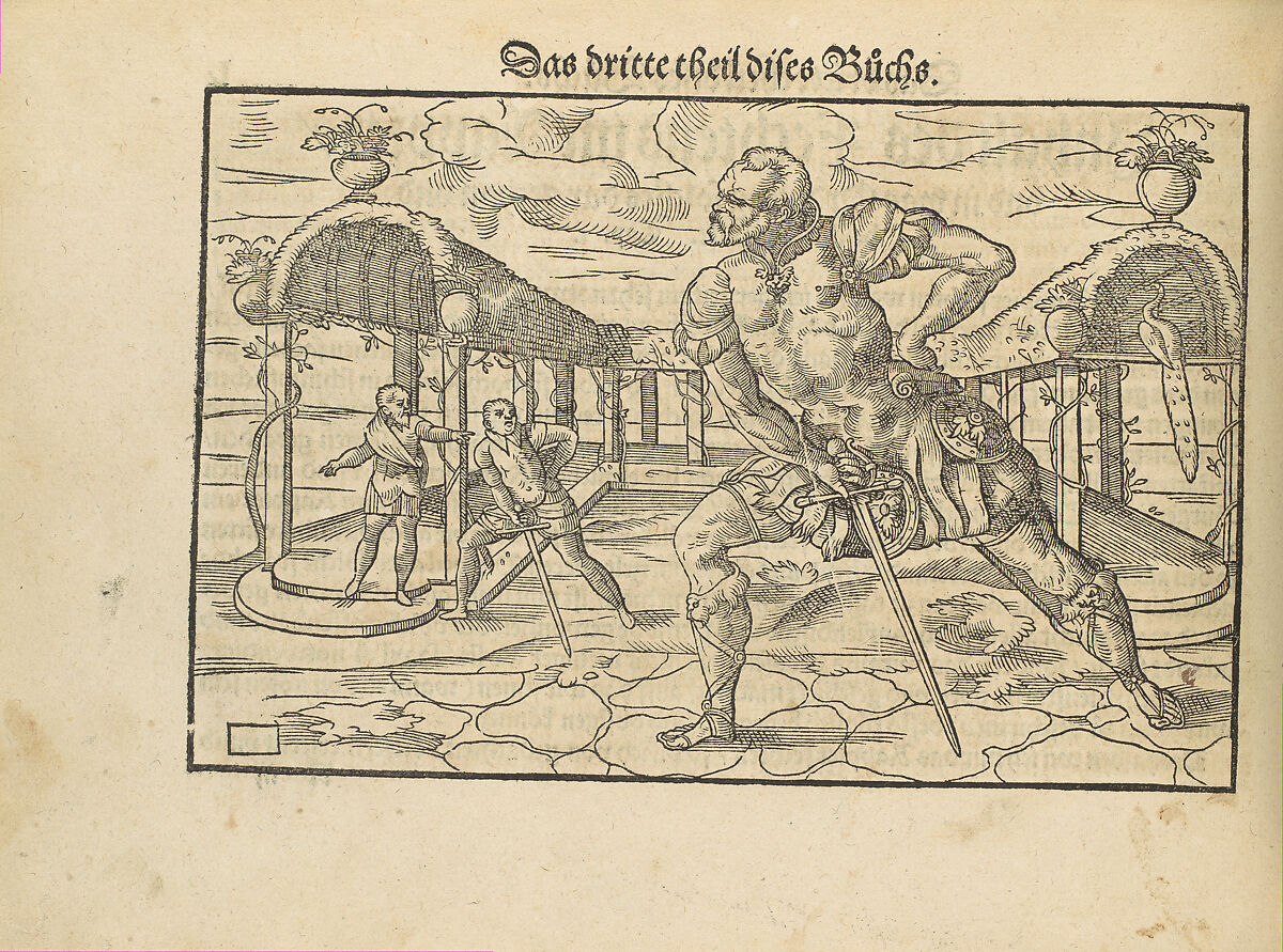 Gründtliche Beschreibung der freyen ritterlichen unnd adelichen Kunst des Fechtens in allerley gebreuchlichen Wehren mit vil schönen und nützlichen Figuren gezieret und fürgestellet (A Thorough Description of the Free Knightly and Noble Art of Fencing, in All the Typical Guards, Adorned and Arranged with Many Beautiful and Useful Figures), Joachim Meyer (German, active 16th–17th century), Ink, paper, German, Strasbourg