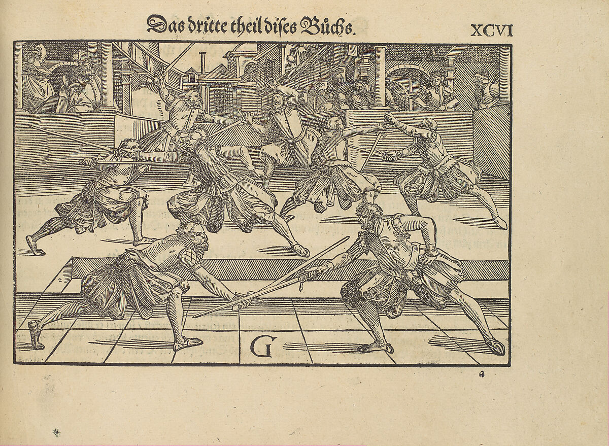 Gründtliche Beschreibung der freyen ritterlichen unnd adelichen Kunst des Fechtens in allerley gebreuchlichen Wehren mit vil schönen und nützlichen Figuren gezieret und fürgestellet (A Thorough Description of the Free Knightly and Noble Art of Fencing, in All the Typical Guards, Adorned and Arranged with Many Beautiful and Useful Figures), Joachim Meyer (German, active 16th–17th century), Ink, paper, German, Strasbourg