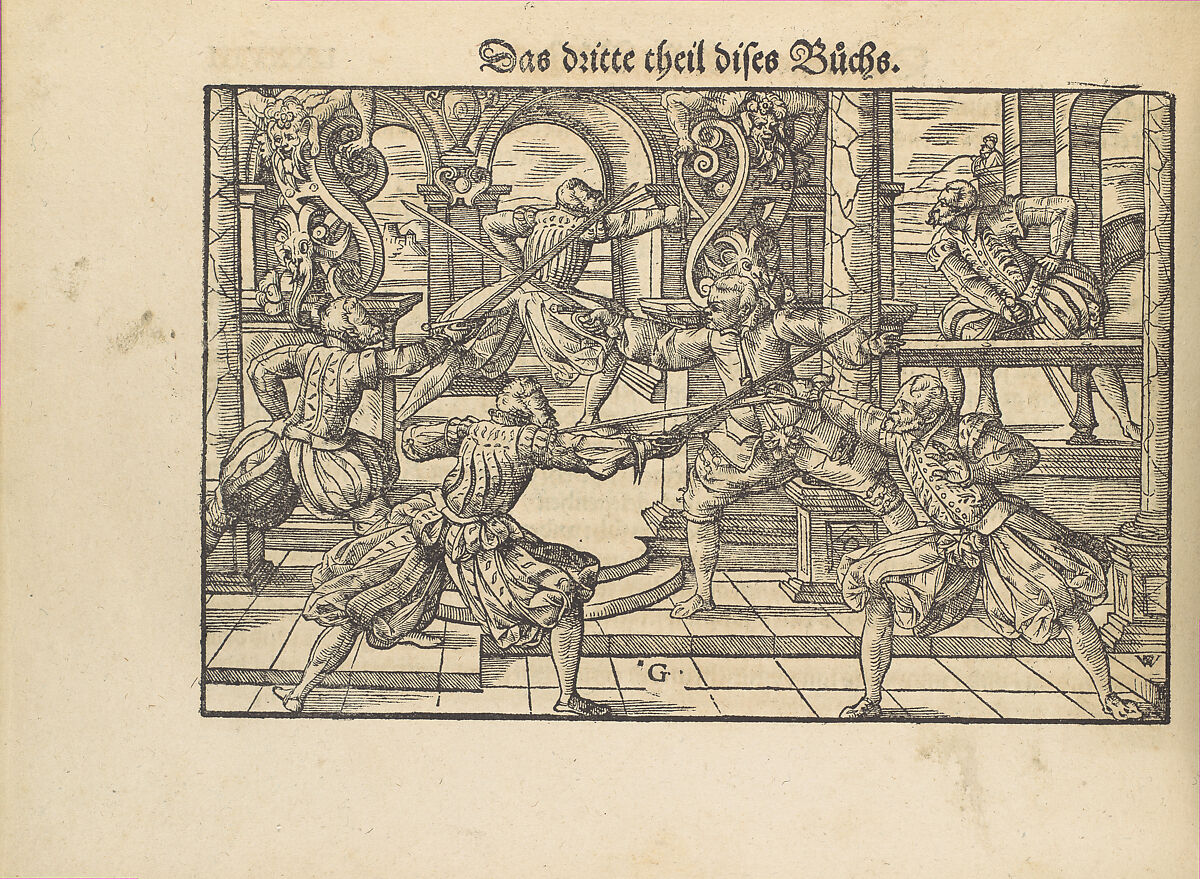 Gründtliche Beschreibung der freyen ritterlichen unnd adelichen Kunst des Fechtens in allerley gebreuchlichen Wehren mit vil schönen und nützlichen Figuren gezieret und fürgestellet (A Thorough Description of the Free Knightly and Noble Art of Fencing, in All the Typical Guards, Adorned and Arranged with Many Beautiful and Useful Figures), Joachim Meyer (German, active 16th–17th century), Ink, paper, German, Strasbourg