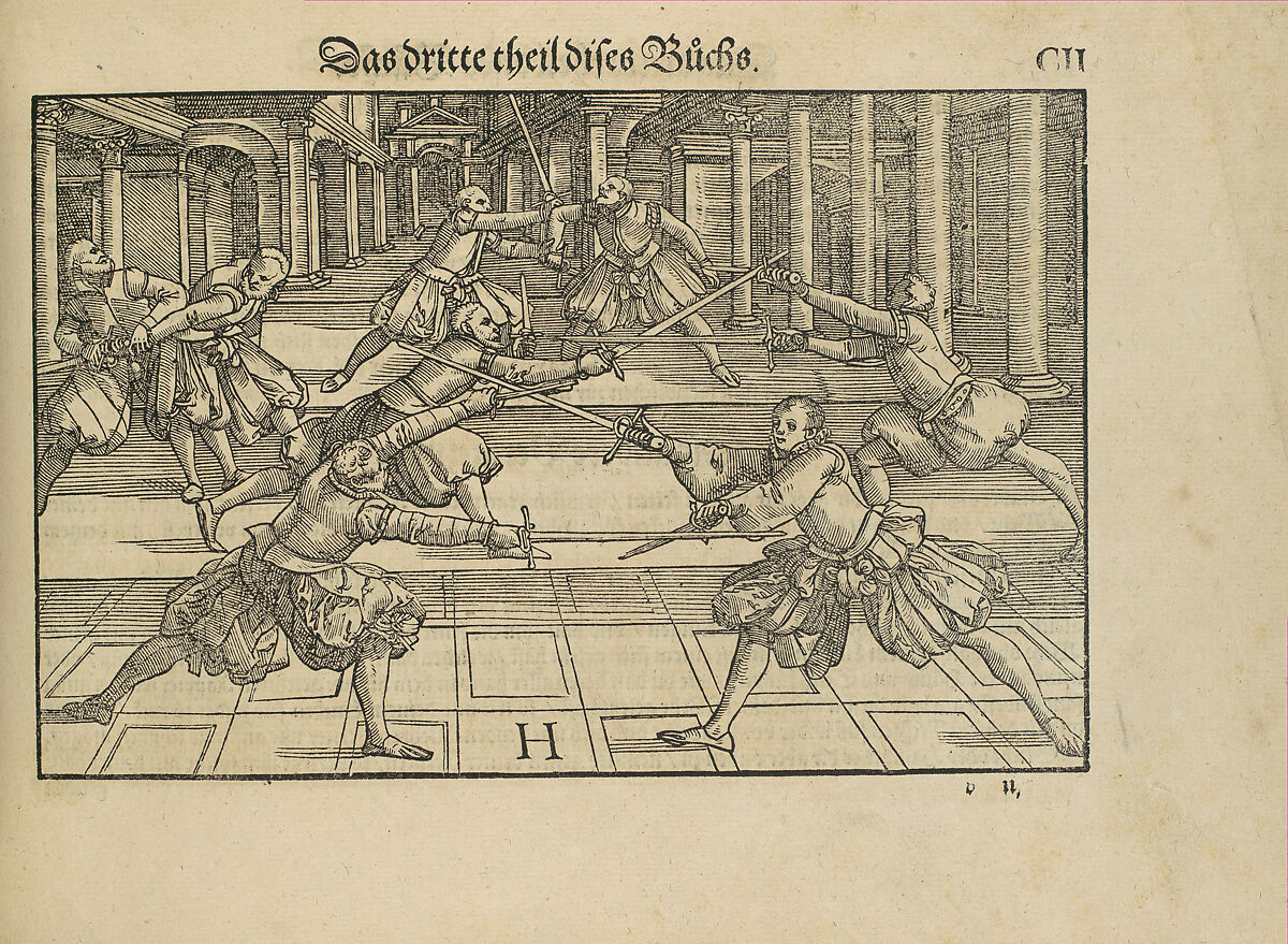 Gründtliche Beschreibung der freyen ritterlichen unnd adelichen Kunst des Fechtens in allerley gebreuchlichen Wehren mit vil schönen und nützlichen Figuren gezieret und fürgestellet (A Thorough Description of the Free Knightly and Noble Art of Fencing, in All the Typical Guards, Adorned and Arranged with Many Beautiful and Useful Figures), Joachim Meyer (German, active 16th–17th century), Ink, paper, German, Strasbourg