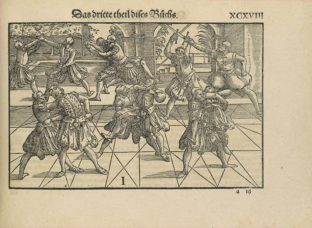 Gründtliche Beschreibung der freyen ritterlichen unnd adelichen Kunst des Fechtens in allerley gebreuchlichen Wehren mit vil schönen und nützlichen Figuren gezieret und fürgestellet (A Thorough Description of the Free Knightly and Noble Art of Fencing, in All the Typical Guards, Adorned and Arranged with Many Beautiful and Useful Figures), Joachim Meyer (German, active 16th–17th century), Ink, paper, German, Strasbourg