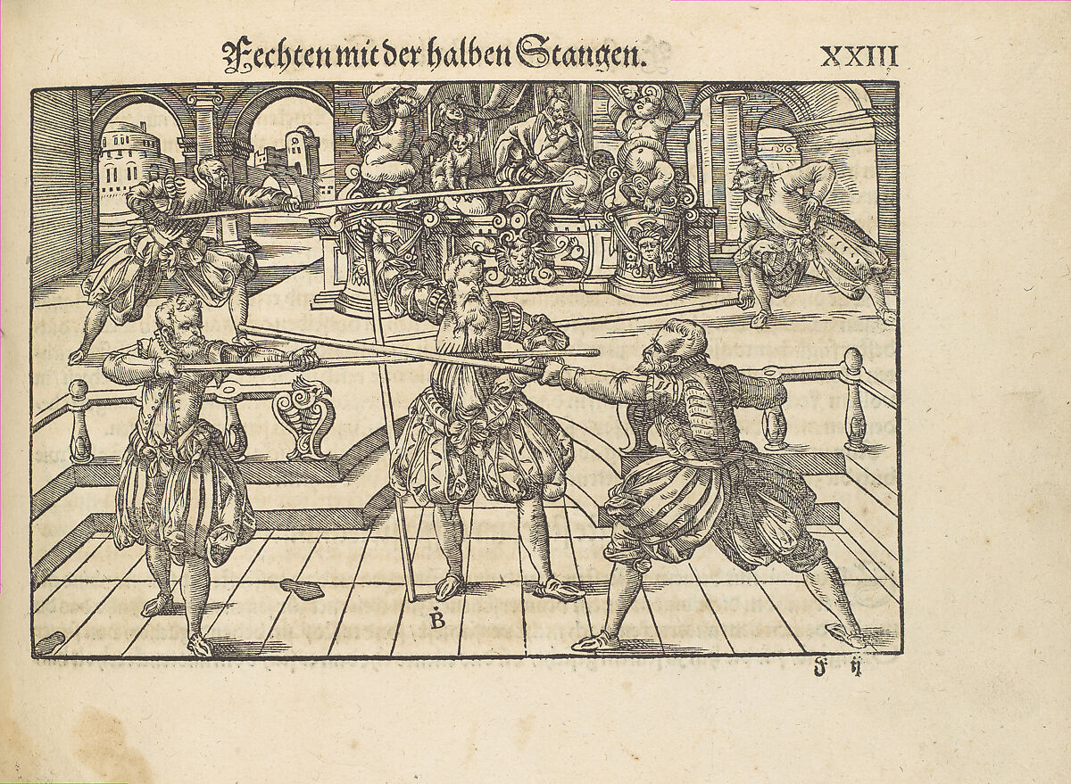 Gründtliche Beschreibung der freyen ritterlichen unnd adelichen Kunst des Fechtens in allerley gebreuchlichen Wehren mit vil schönen und nützlichen Figuren gezieret und fürgestellet (A Thorough Description of the Free Knightly and Noble Art of Fencing, in All the Typical Guards, Adorned and Arranged with Many Beautiful and Useful Figures), Joachim Meyer (German, active 16th–17th century), Ink, paper, German, Strasbourg