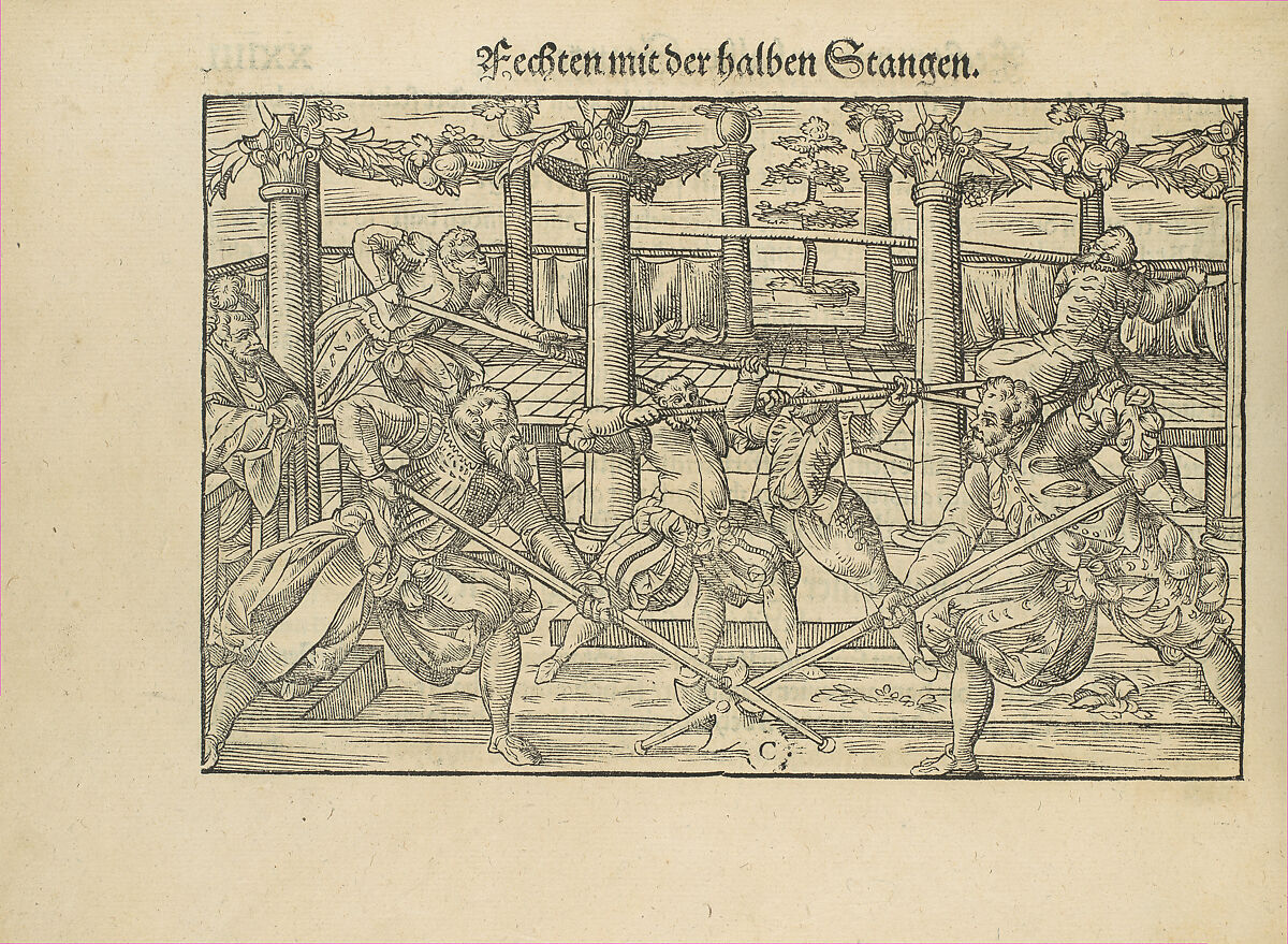 Gründtliche Beschreibung der freyen ritterlichen unnd adelichen Kunst des Fechtens in allerley gebreuchlichen Wehren mit vil schönen und nützlichen Figuren gezieret und fürgestellet (A Thorough Description of the Free Knightly and Noble Art of Fencing, in All the Typical Guards, Adorned and Arranged with Many Beautiful and Useful Figures), Joachim Meyer (German, active 16th–17th century), Ink, paper, German, Strasbourg