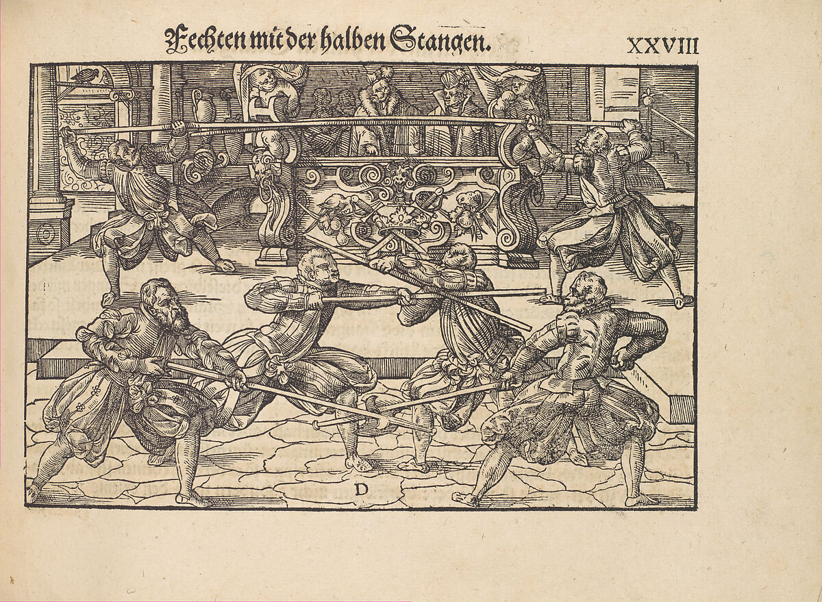 Gründtliche Beschreibung der freyen ritterlichen unnd adelichen Kunst des Fechtens in allerley gebreuchlichen Wehren mit vil schönen und nützlichen Figuren gezieret und fürgestellet (A Thorough Description of the Free Knightly and Noble Art of Fencing, in All the Typical Guards, Adorned and Arranged with Many Beautiful and Useful Figures), Joachim Meyer (German, active 16th–17th century), Ink, paper, German, Strasbourg