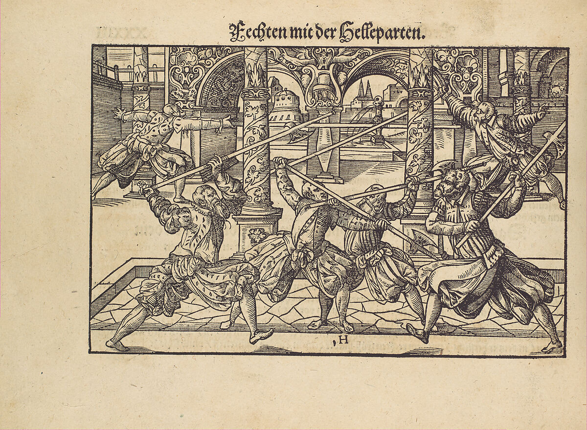 Gründtliche Beschreibung der freyen ritterlichen unnd adelichen Kunst des Fechtens in allerley gebreuchlichen Wehren mit vil schönen und nützlichen Figuren gezieret und fürgestellet (A Thorough Description of the Free Knightly and Noble Art of Fencing, in All the Typical Guards, Adorned and Arranged with Many Beautiful and Useful Figures), Joachim Meyer (German, active 16th–17th century), Ink, paper, German, Strasbourg