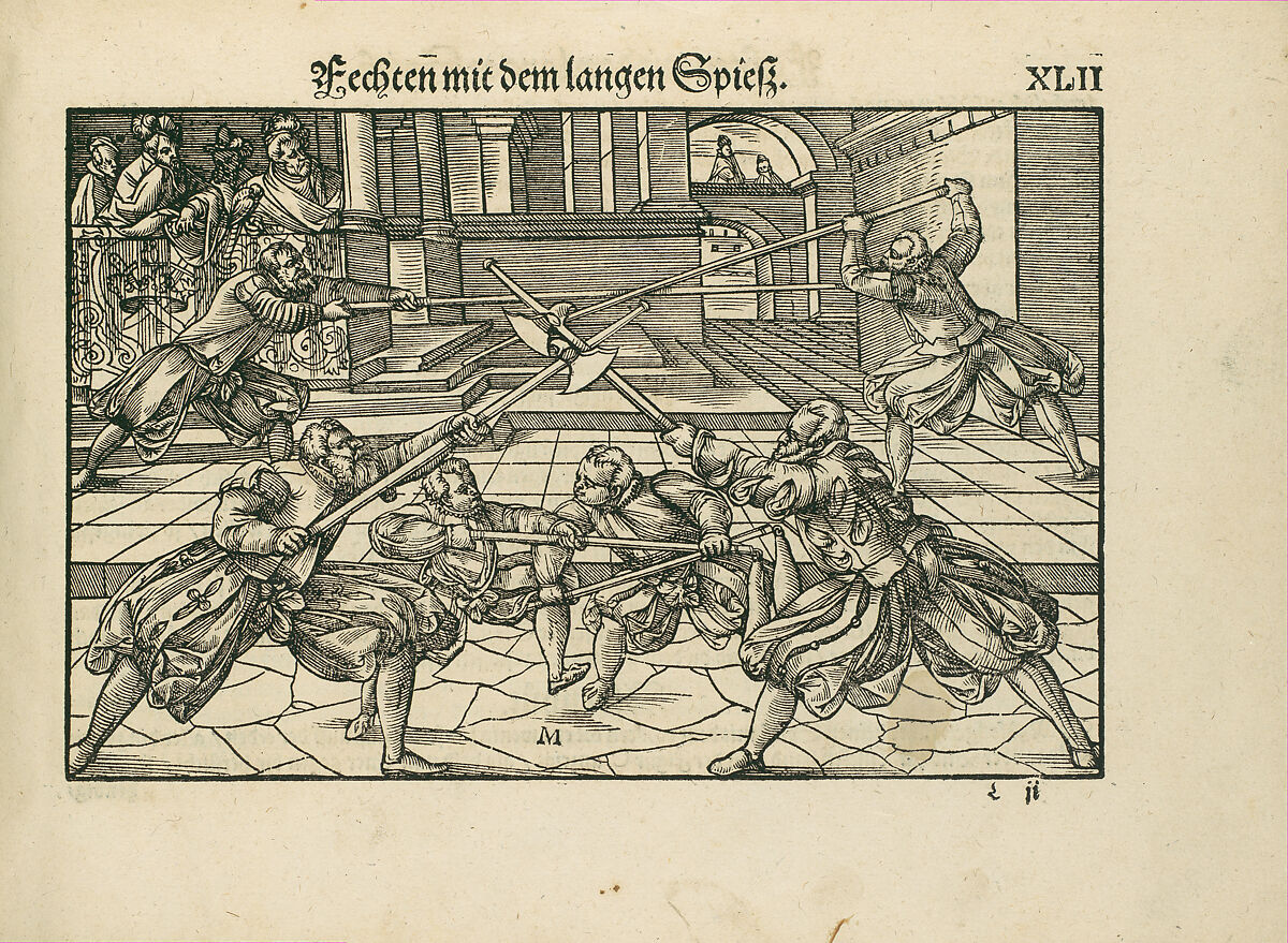 Gründtliche Beschreibung der freyen ritterlichen unnd adelichen Kunst des Fechtens in allerley gebreuchlichen Wehren mit vil schönen und nützlichen Figuren gezieret und fürgestellet (A Thorough Description of the Free Knightly and Noble Art of Fencing, in All the Typical Guards, Adorned and Arranged with Many Beautiful and Useful Figures), Joachim Meyer (German, active 16th–17th century), Ink, paper, German, Strasbourg