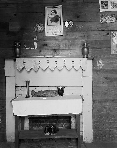 [Table, Fireplace, and Pictures on Wall of Floyd Burroughs's Bedroom, Hale County, Alabama], Walker Evans (American, St. Louis, Missouri 1903–1975 New Haven, Connecticut), Film negative 