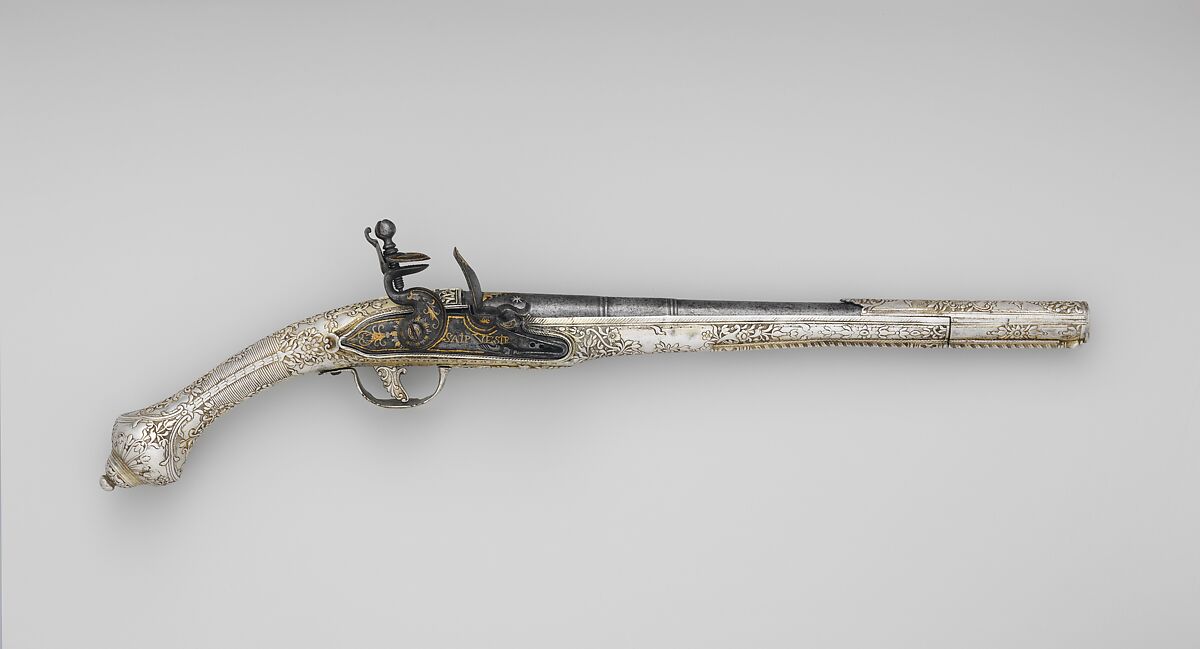 Flintlock Pistol, Steel, silver, gold, Balkan, lock and barrel European (probably French) 