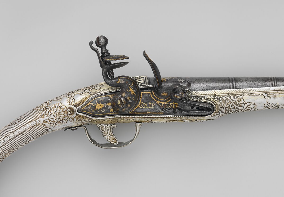 Flintlock Pistol, Steel, silver, gold, Balkan, lock and barrel European (probably French)