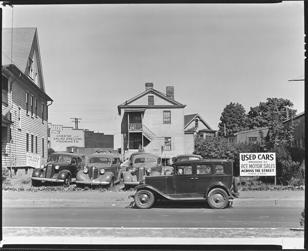 [Used Car Lot and Surrounding Houses, Fairfield Avenue and Andover Street, Bridgeport, Connecticut], Walker Evans (American, St. Louis, Missouri 1903–1975 New Haven, Connecticut), Film negative 