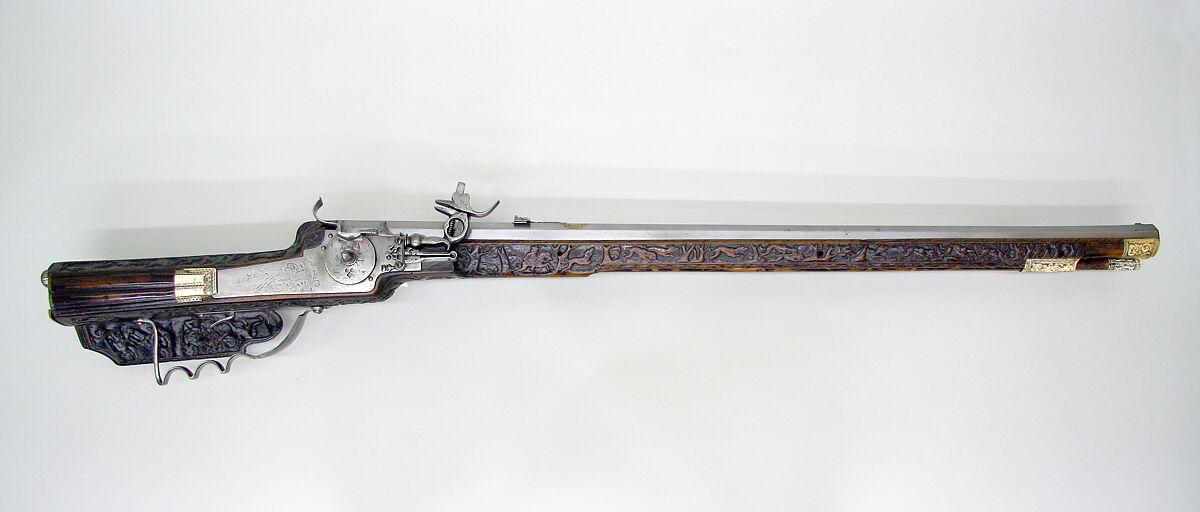 Wheellock Rifle, Lienhart Has (German, active ca. 1663), Steel, wood (walnut), brass, bone, German, Gmünd 