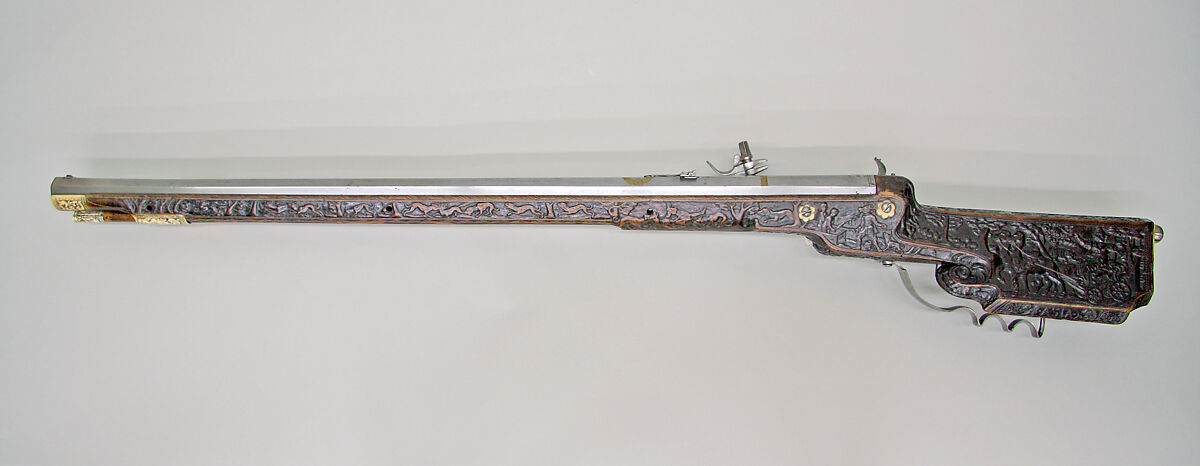 Wheellock Rifle, Lienhart Has (German, active ca. 1663), Steel, wood (walnut), brass, bone, German, Gmünd