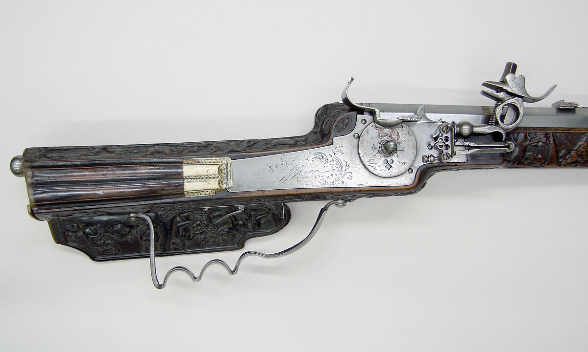 Wheellock Rifle, Lienhart Has (German, active ca. 1663), Steel, wood (walnut), brass, bone, German, Gmünd