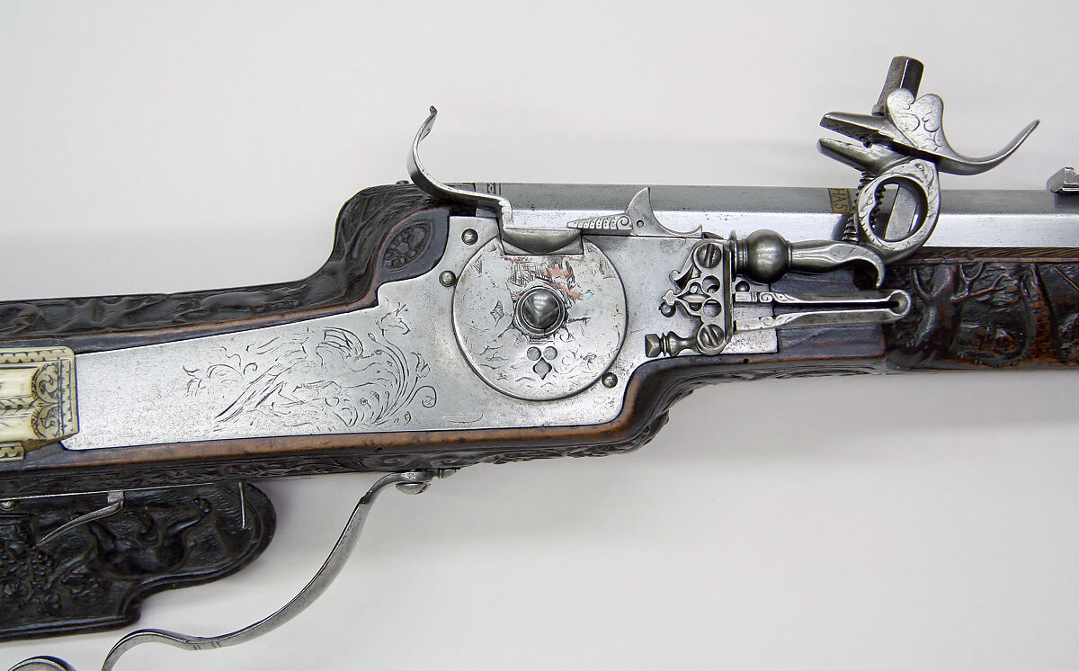 Wheellock Rifle, Lienhart Has (German, active ca. 1663), Steel, wood (walnut), brass, bone, German, Gmünd