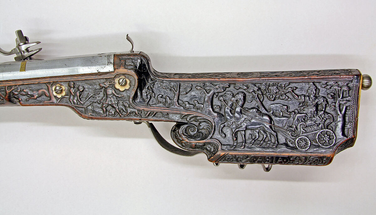Wheellock Rifle, Lienhart Has (German, active ca. 1663), Steel, wood (walnut), brass, bone, German, Gmünd