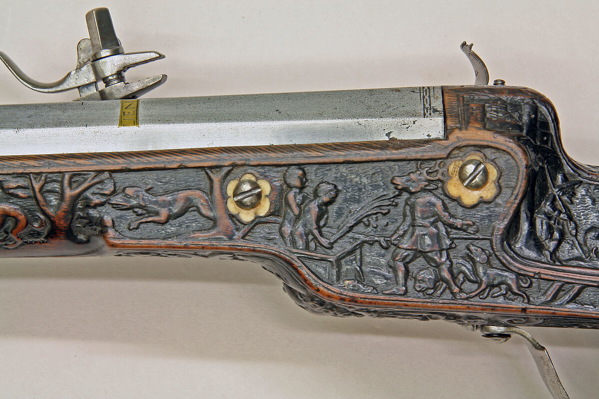 Wheellock Rifle, Lienhart Has (German, active ca. 1663), Steel, wood (walnut), brass, bone, German, Gmünd