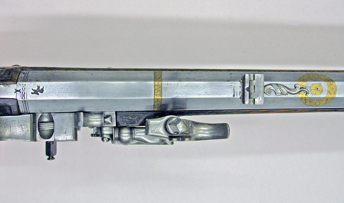 Wheellock Rifle, Lienhart Has (German, active ca. 1663), Steel, wood (walnut), brass, bone, German, Gmünd