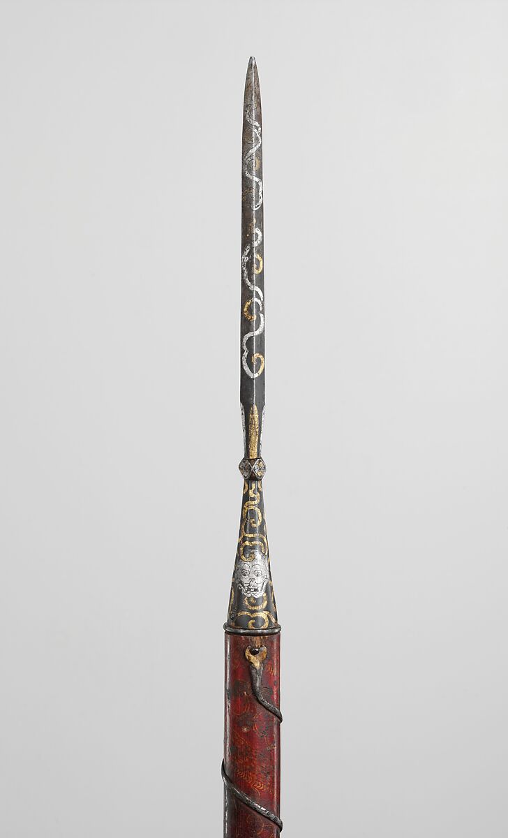 Spear (Mdung), Iron, gold, silver, wood, pigment, Tibetan 