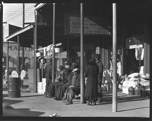 [Sidewalk Scene of Pedestrians on Bench before The Trading Post, Retail and Wholesale Store, Selma, Alabama], Walker Evans (American, St. Louis, Missouri 1903–1975 New Haven, Connecticut), Film negative 