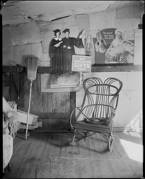 [Interior of Coal Miner's Home with Rocking Chair and Advertisements on Wall, West Virginia], Walker Evans  American, Film negative