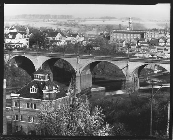 [Bridge, Houses, and Pennsylvania Silk Company Mill, From Elevated Position, Bethlehem, Pennsylvania], Walker Evans (American, St. Louis, Missouri 1903–1975 New Haven, Connecticut), Film negative 