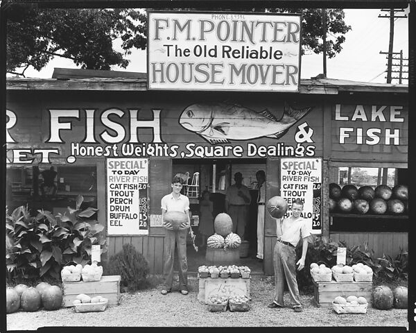 [Roadside Fish and Produce Stand with Young Men Holding Watermelons, Near Birmingham, Alabama], Walker Evans (American, St. Louis, Missouri 1903–1975 New Haven, Connecticut), Film negative 