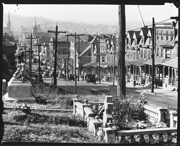 [View Down East 4th Street of Two-Family Houses and Parked Cars, From St. Michael's Graveyard, Bethlehem, Pennsylvania], Walker Evans (American, St. Louis, Missouri 1903–1975 New Haven, Connecticut), Film negative 