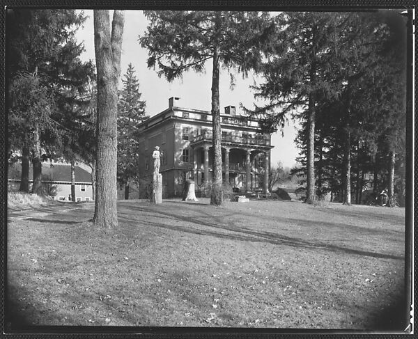[Colonial Revival House with Statuary on Lawn,  Birthplace of Mathew Brady?, Golden's Bridge, New York], Walker Evans (American, St. Louis, Missouri 1903–1975 New Haven, Connecticut), Film negative 