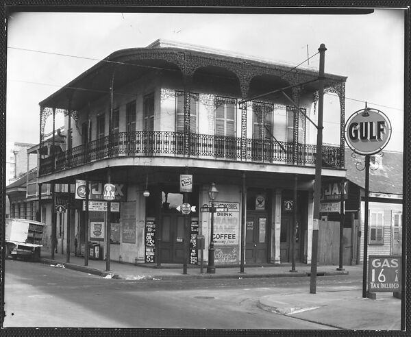 [Cast-Iron Balconied House with Ground Floor Advertisements and Gulf Filling Station Sign in Foreground, New Orleans, Louisiana], Walker Evans (American, St. Louis, Missouri 1903–1975 New Haven, Connecticut), Film negative 